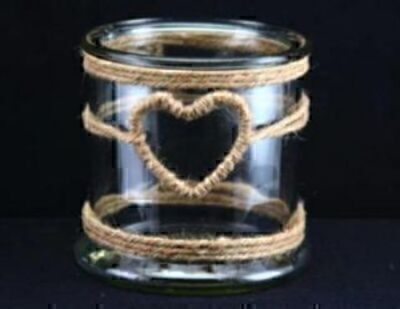 Rope heart wrapped glass jar candle holder. By Gisela Graham. Height 12cm Diameter 12cm.
